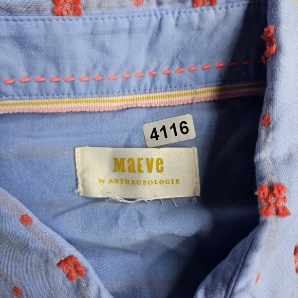 Maeve by Anthro Women's 6 Blue Cotton Button Down Red Embroidery Dots - Picture 2 of 11